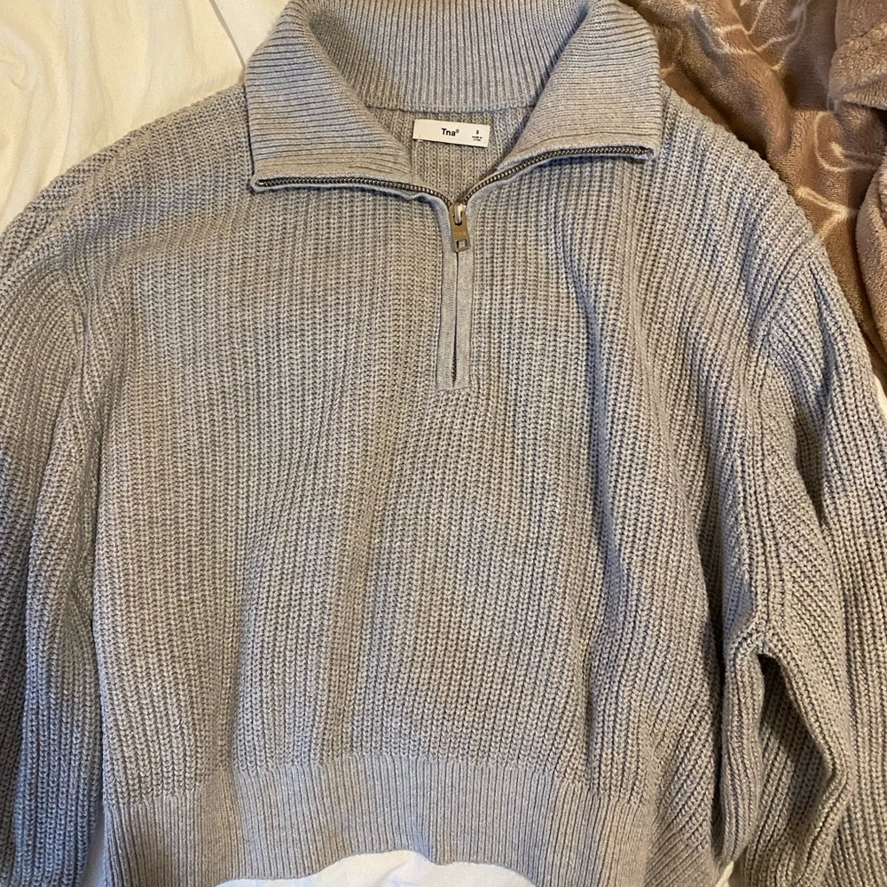 TNA Light Gray Half-Zip Turtleneck Sweater